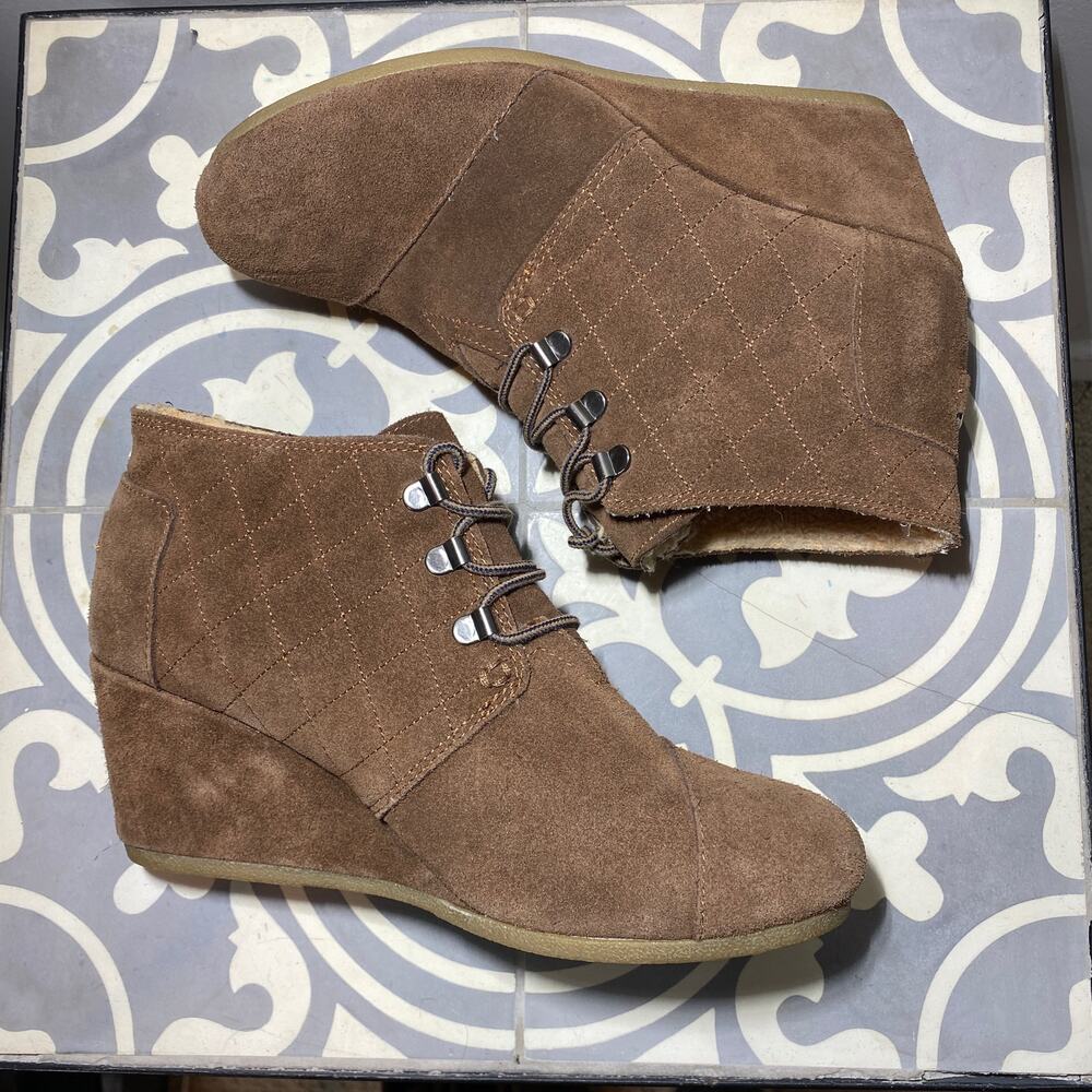 Toms Desert Wedge Suede Ankle Booties Brown Women 10 Faux Fur Lining
